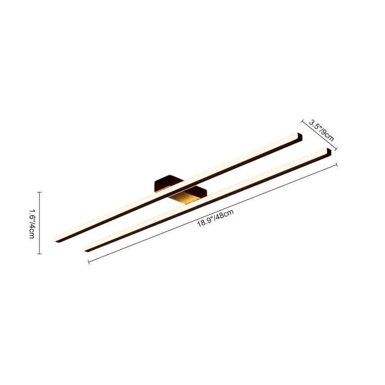 Plafonnier LED noir à deux bandes avec mesures visibles, deux barres lumineuses allongées.