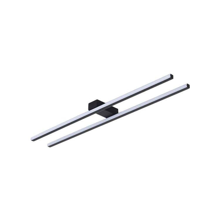 Plafonnier LED noir à deux bandes, boîtier central et deux barres lumineuses parallèles.