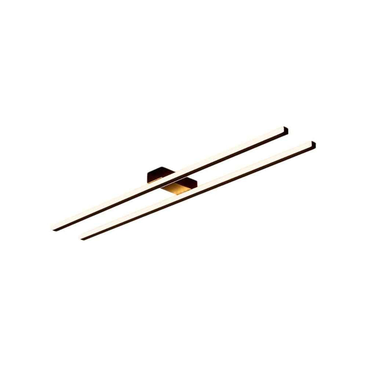 Plafonnier LED à deux bandes noires, deux barres lumineuses allongées sur montage au plafond.