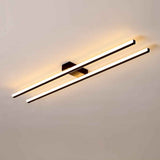 Plafonnier LED noir à deux bandes, barres lumineuses allongées éclairant le plafond.