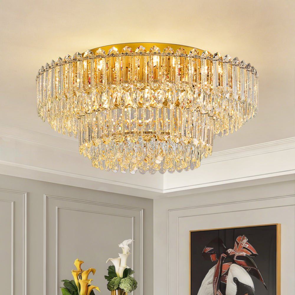 Plafonnier Deux Niveaux Cristal Verre Lustre Goutte de Pluie pour Salon