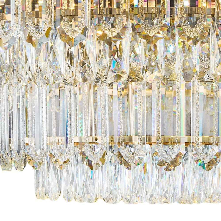 Rideau de gouttes en cristal facetté transparent, touches dorées, rangées superposées