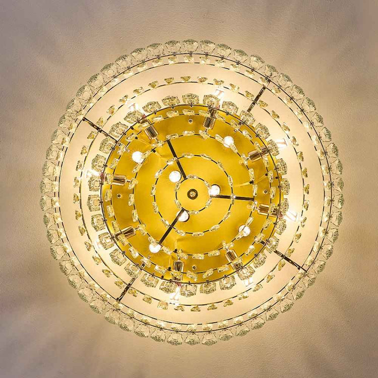 Plafonnier circulaire à cristaux, deux cercles, éléments pendants visibles