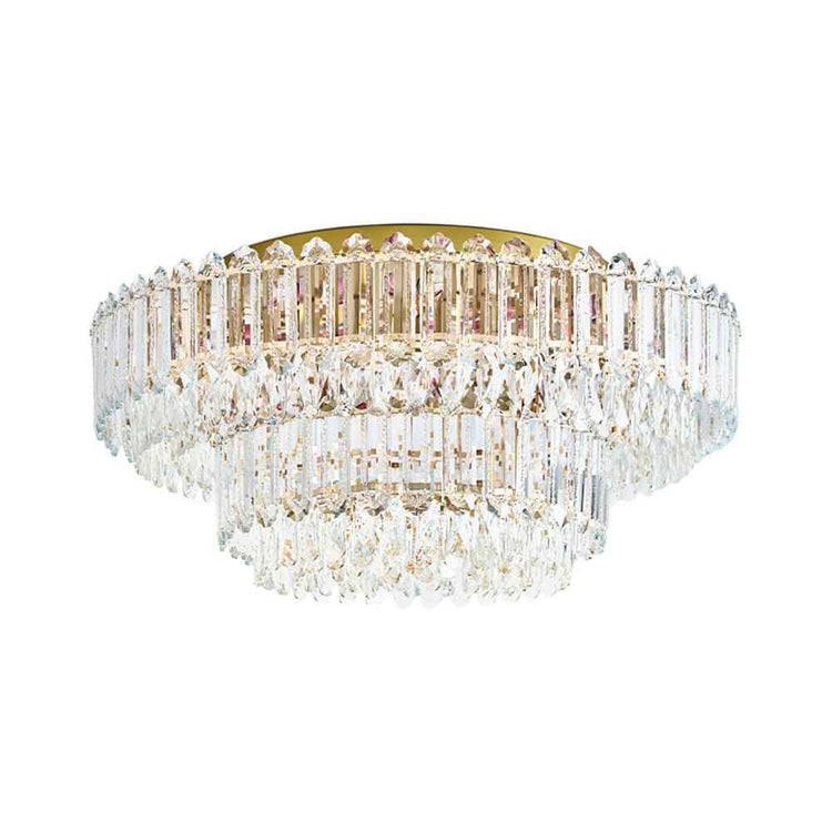 Plafonnier double niveau en cristal transparent, armature dorée, pendeloques en cascade