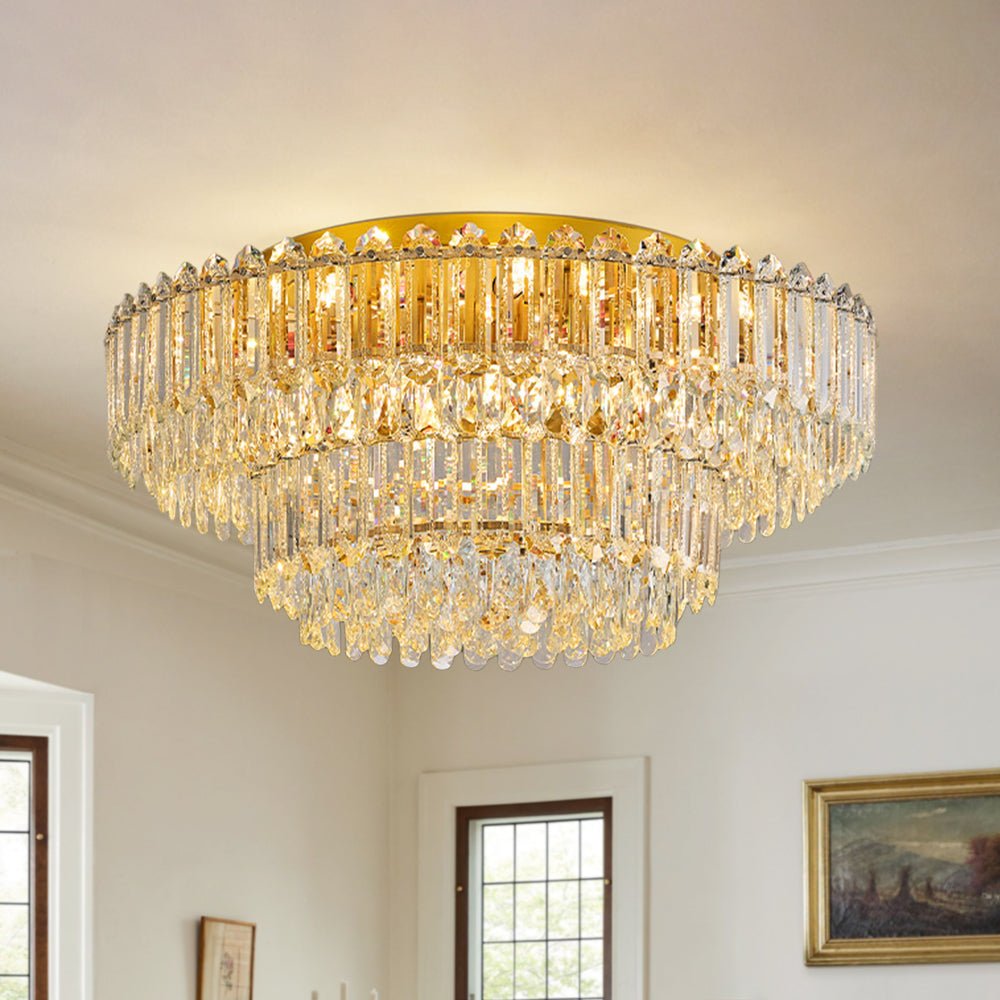 Plafonnier Deux Niveaux Cristal Verre Lustre Goutte de Pluie pour Salon