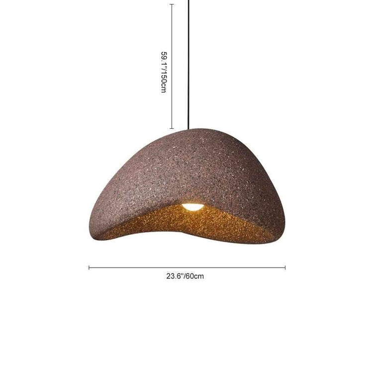 Suspension luminaire brune mouchetée, vue avec cotes et intérieur doré éclairé