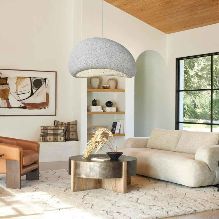Suspension luminaire artisanale, abat-jour gris moucheté avec intérieur clair